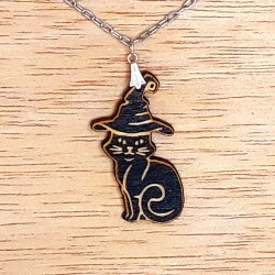 Cat with hat wooden pendant